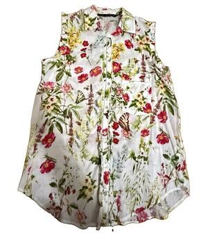 ZARA Basic Women’s Floral Sleeveless Button-Up Collared Cotton Blouse White S
